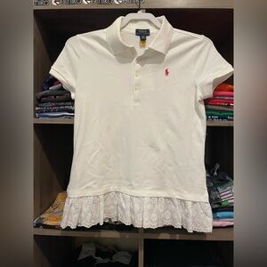 Polo by Ralph Lauren White Shirt with Pink Logo Eyelet Hem girl 16